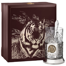 Подстаканник никель с хрустальным стаканом и накладкой Тигр с  ложкой, в деревянной шкатулке